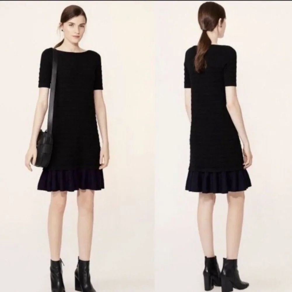 Tory Burch -715‎ Giselle Textured Merino Wool Sweater Dress Black Ruffle Hem XS